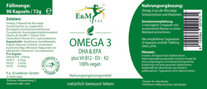 Omega 3 vegan DHA plus EPA mit Vit B 12, Vit D3, Vit K - Kapseln